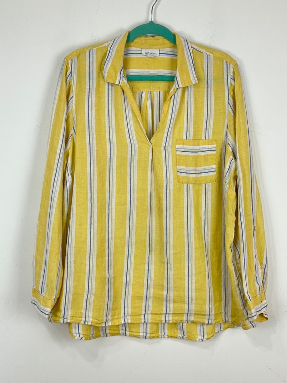 J. Jill Love Linen Yellow Blue Striped Linen Pop Over Top XL Beach Boho Relaxed